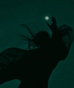 the silhouette of a woman with her hair blowing in the wind, against a dark green background