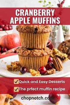 These Cranberry Apple Muffins are so easy apple muffins to try at home! They are quick and easy dessert and the perfect muffin recipe. These muffins boast cranberry, apple, pecans, and cinnamon in each bite for holiday snacks bursting with festive flavor and nutrients too.
#Muffins #EasyDesserts #AppleMuffins #EasyMuffins Cranberry Apple Muffins Recipe, Apple Muffins Easy, Apple Cranberry Muffins, Cranberry Recipes Muffins, Fall Muffins, Breakfast Dessert Recipes, Fast Easy Desserts, Fruit Desserts Easy, Apple Muffin Recipes