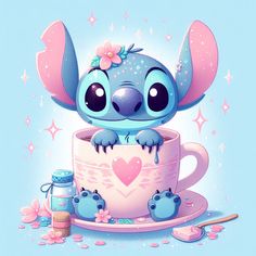 a cute little blue cartoon character sitting in a coffee cup with hearts on it's side