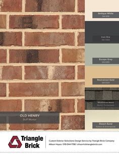 a brick wall that has different colors and finishes on it, including brown, beige, green