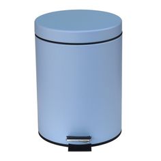 a blue trash can on a white background with a black trim around the top and bottom