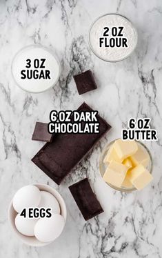 ingredients to make chocolate fudges laid out on a marble counter top with text overlay