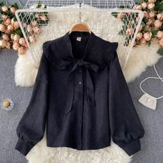 Cute Lapel Long Sleeve Top on Luulla Blouse Korea, Fall Baby Clothes, Bow Collar, Girls Blouse, Fall Baby, Luxurious Fabric, Collar Blouse, Cute Top, Top Fabric