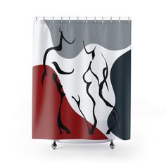 a shower curtain with an abstract painting on the front and back of it, featuring two women dancing