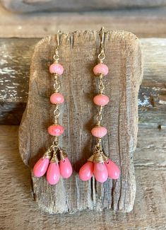 Gold filled dangle earrings with coral gemstones Pink Briolette Earrings With Natural Stones, Pink Briolette Natural Stone Earrings, Coral Jewelry Gift With Ear Wire, Coral Jewelry With Ear Wire For Gift, Handmade Coral Drop Earrings, Gift Coral Jewelry With Matching Earrings, Coral Dangle Jewelry For Gifts, Bohemian Coral Dangle Earrings, Coral Earrings With Ear Wire As Gift