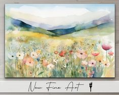 a painting with watercolor flowers on it and the words new fine art written below