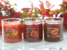 three candles sitting on top of a table next to autumn leaves and flowers in front of a window