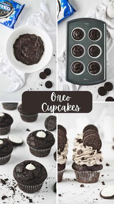 chocolate cupcakes with oreo cookies in the middle and on the bottom, next to a muffin pan