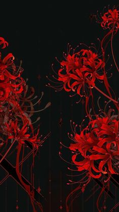 red flowers on a black background with swirls