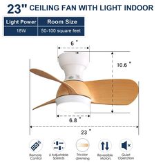 the ceiling fan with light indoor is shown in white and has wooden blades on it