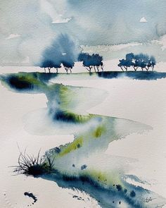 watercolor painting of trees in the distance