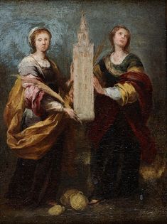 an old painting shows two women holding a large object in their hands and one is wearing a yellow shawl