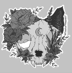 an animal skull with flowers on it's head is shown in the shape of a sticker