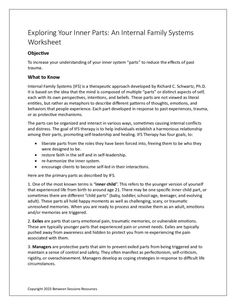 Internal Family Systems (IFS) is a therapeutic approach developed by Richard C. Schwartz, Ph.D. It is based on the idea that the mind is composed of multiple “parts” or distinct aspects of self, each with its own perspectives, intentions, and beliefs. This worksheet is an introduction to this approach explaining the di Internal Family Systems, Family Systems, Therapy Tools, Authentic Self, Self Compassion, Help People, Deck Of Cards, The Mind, Helping People