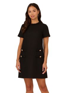 Elevate your wardrobe with our sophisticated tweed sheath dress, designed for effortless elegance. Featuring a shirred crew neckline and chic four-button accents at the hips, this short sleeve dress exudes timeless style. With a hidden zipper closure at the centre back and no waist seam, it ensures a seamless fit that flatters all body types. Perfect for both work and special occasions, embrace comfort and refinement in every wear with this versatile day dress. Chic A-line Semi-formal Dresses, Chic Short Sleeve Tweed Dress For Formal Occasions, Knee-length Dressy Semi-formal Dress, Chic Short Sleeve Mini Dress For Formal Occasions, Petite Jumpsuit, Petite Coat, Tall Clothing, Tshirt Skirt, Effortless Elegance