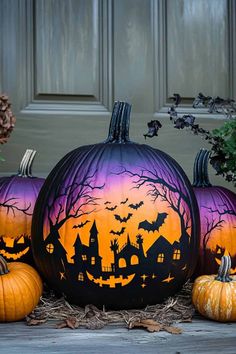 spooky haunted house Halloween pumpkins Hocus Pocus Pumpkin Painting Ideas, Hocus Pocus Pumpkin Painting, Painted Pumpkin Ideas Creative, Witch Pumpkin Painting, Halloween Painted Pumpkins, Pumpkin Painting Ideas Easy, Unique Pumpkin Decorating, Diy Pumpkins Painting