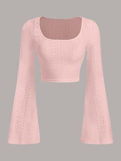 Rosa Pálido Casual Collar manga larga Tela tejida Liso  Embellished Elástico Ligero  Ropa de Mujer Pastel Pink Tops, Cute Shirts From Shein, Light Pink Top Outfit, Pink Long Sleeve Shirt Outfit, Tops Rosas, Cute Pink Shirts, Light Pink Clothes, Cute Pink Tops, Pink Tops For Women