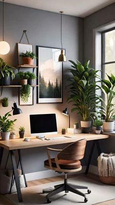 a home office with plants and pictures on the wall