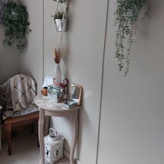 there is a small table with plants on it in the corner next to a chair