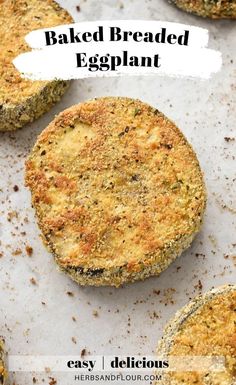 baked eggplant on a baking sheet with text overlay that reads, baked breaded eggplant