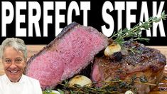 a man standing next to a steak on top of a wooden cutting board with the words perfect steak