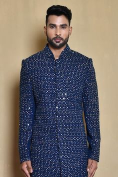 Blue sherwani with all-over embroidered work. Comes with golden pant. - Aza Fashions Blue Bandhgala With Mirror Work For Festive Occasions, Blue Bollywood Bandhgala With Mirror Work, Designer Blue Sherwani With Gota Work, Blue Bollywood Sherwani With Gota Work, Blue Bandhgala With Mirror Work For Wedding, Wedding Blue Bandhgala With Mirror Work, Blue Sherwani With Gota Work For Eid, Blue Sherwani With Gota Work For Festivals, Festive Blue Sherwani With Gota Work