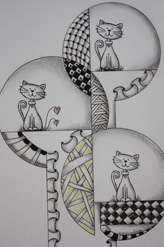 a drawing of three cats sitting on top of each other in different shapes and sizes