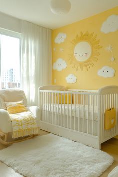 a baby's room decorated in yellow and white