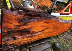 a piece of wood that has been cut in half and is sitting on the ground