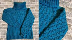 two pictures of the same sweater, one in blue and one in teal