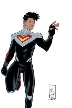 a drawing of a man in a black suit with a red and white superman cape