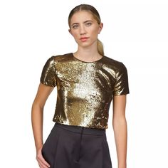 Cute Sequined Crewneck Cropped Tee In Gold. Never Worn, New With Tags. Gold Sequins Shirt, Crew Neck Tshirt, Cropped Tee, Crop Tee, Gold Black, Colorful Shirts, Michael Kors, Womens Tops, Crew Neck