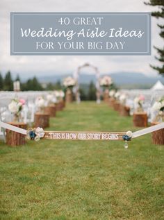 the aisle is decorated with flowers and ribbons for guests to sit down on, along with their names