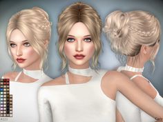 three different hairstyles for females with blue eyes and blonde hair, all wearing white dresses