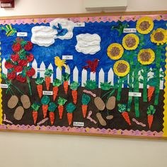 a bulletin board with carrots and flowers on it