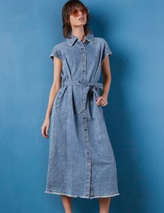 Women's Designer Weekend Denim Midi Dress in Organic Blue Cropped Sleeves, Denim Midi Dress, Cover Model, Premium Denim, The Weekend, Midi Dress, Fabric, Dresses, How To Wear