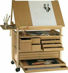 an artist's easel with many drawers on it