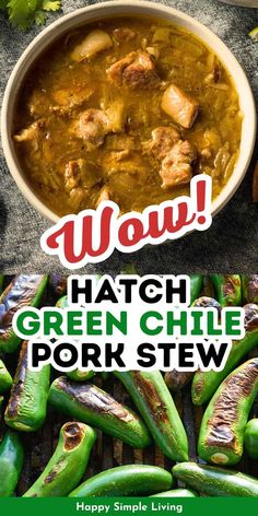 green chili pork stew is served in a white bowl with the caption wow hatch green chile pork stew