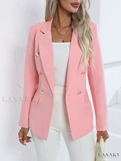 Lasaky - Womens Plus Size Classic Blazer: Solid Double Button Design, Long Sleeve Lapel Collar Blazer Pink Blazer With Button Closure For Office, Pink Double-breasted Blazer With Buttons, Pink Double Buttoned Blazer, Casual Pink Blazer With Buttons, Pink Single Breasted Button-up Blazer, Pink Single-breasted Button-up Blazer, Pink Button Closure Outerwear For Office, Pink Button-up Blazer For Office, Pink Button-up Blazer For The Office