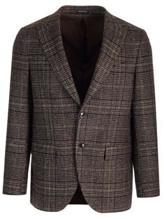 Checked jacket from Al Duca D'Aosta in wool, silk and cashmere, peak lapels, single-breasted fastening, two flap pockets, one welt pocket on the chest. Luxury Lapel Collar Tweed Jacket For Semi-formal Occasions, Luxury Tweed Jacket With Lapel Collar For Semi-formal Occasions, Luxury Semi-formal Tweed Jacket With Lapel Collar, Luxury Tweed Jacket With Welt Pockets And Lapel Collar, Luxury Single Breasted Tweed Jacket With Lapel Collar, Luxury Single Button Tweed Jacket For Fall, Luxury Single-button Tweed Jacket For Fall, Luxury Wool Tweed Jacket With Welt Pockets, Luxury Wool Blazer With Single Button