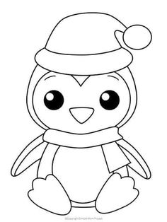 a penguin with a santa hat and scarf on it's head, sitting in front of