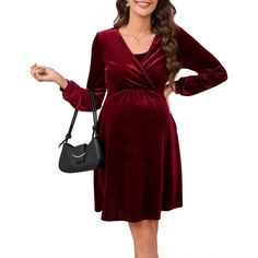 This maternity dress is made from high-quality velvet fabric that feels soft against the skin and provides a touch of luxury. The plush texture ensures comfort while accommodating your growing belly, making it an ideal choice for expectant mothers. Womens Velvet Dresses, A Line Midi Dress, Breastfeeding Dress, Midi Dress With Pockets, Wrap Sweater Dress, Growing Belly, Baby Shower Dresses, Dress Wrap, Pleated Mini Dress