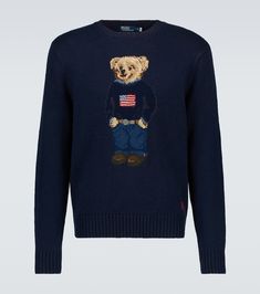 Knit from a blend of cotton and linen, this blue crewneck sweater from Polo Ralph Lauren features the label's famed teddy bear motif and is complete with red contrasting ribbed trims. Ralph Lauren Womens Clothing, Long Sleeves Polo, Polo Ralph Lauren Sweater, Polo Ralph Lauren Women, Linen Sweater, Blue Crew, Polo Bear, Ralph Lauren Purple Label, Knitwear Men