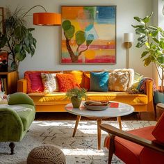 a living room filled with lots of colorful furniture and plants on top of the couches