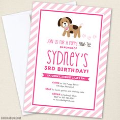 a pink and white birthday card with a dog on it