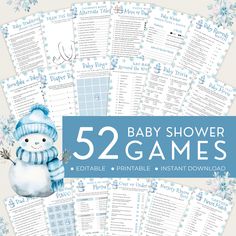 baby shower games with snowman on them and the words 52 games written in blue