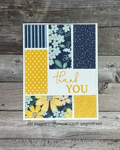 a thank card with yellow and blue flowers, polka dots, and the words thank you