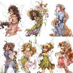 the four fairy girls are all dressed up in different outfits and hair styles, one is holding