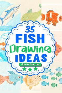 three fish drawing ideas for kids with the words, 3 fish drawing ideas on it