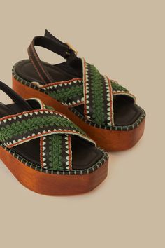 Dark Green Sand Clog Platform Composition UPPER: 60% LEATHER / 40% COTTON | OUTSOLE: 70% WOOD / 25% RUBBER / 5% LEATHER Green Sand, Dark Green, Clogs, Composition, Wood, Green, Leather